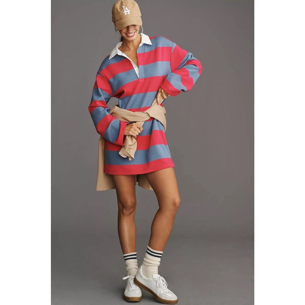 Striped Rugby Shirt Dress in Pink and Blue - Women's